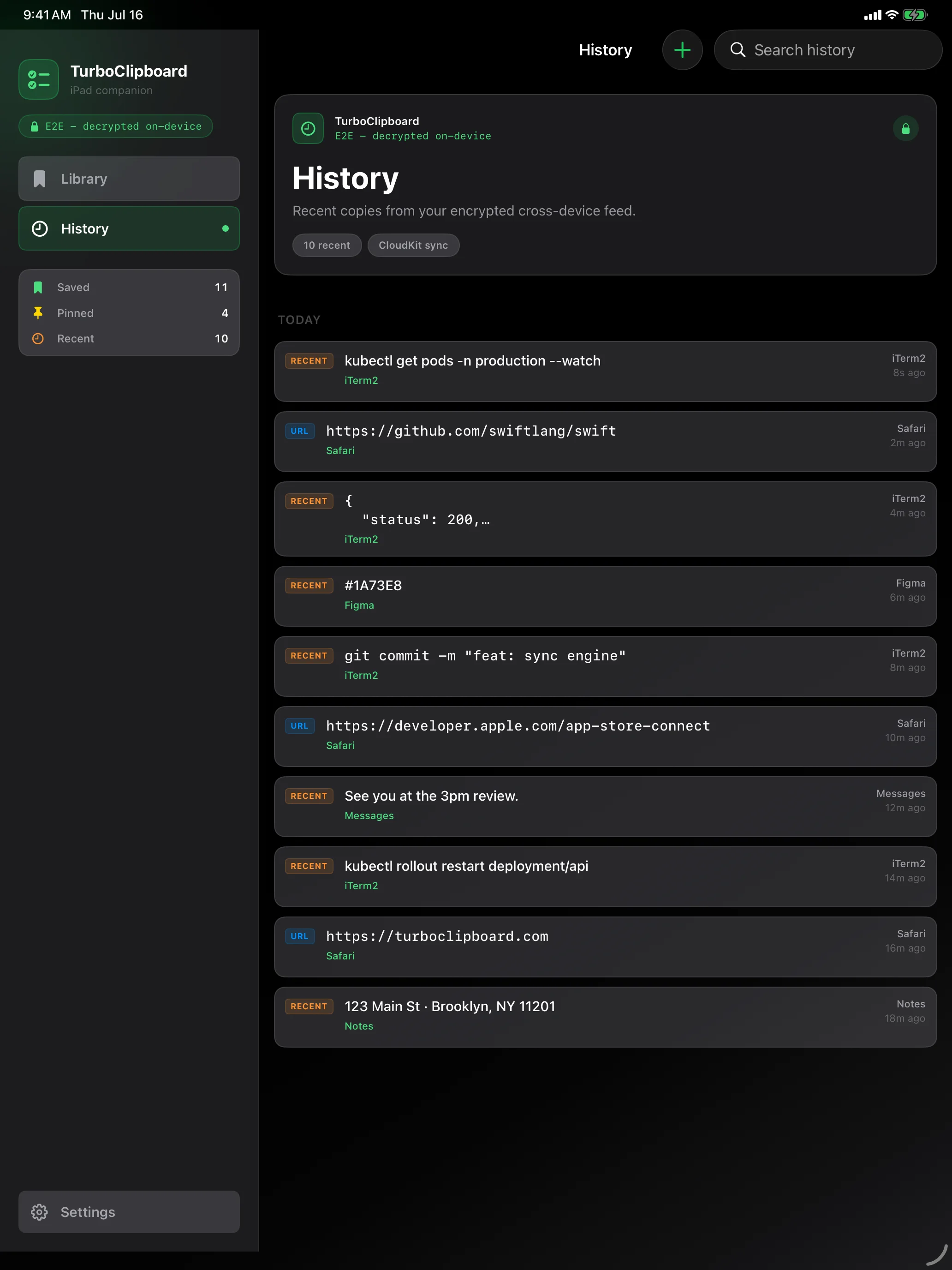 TurboClipboard iPad history with auto-tagged rows