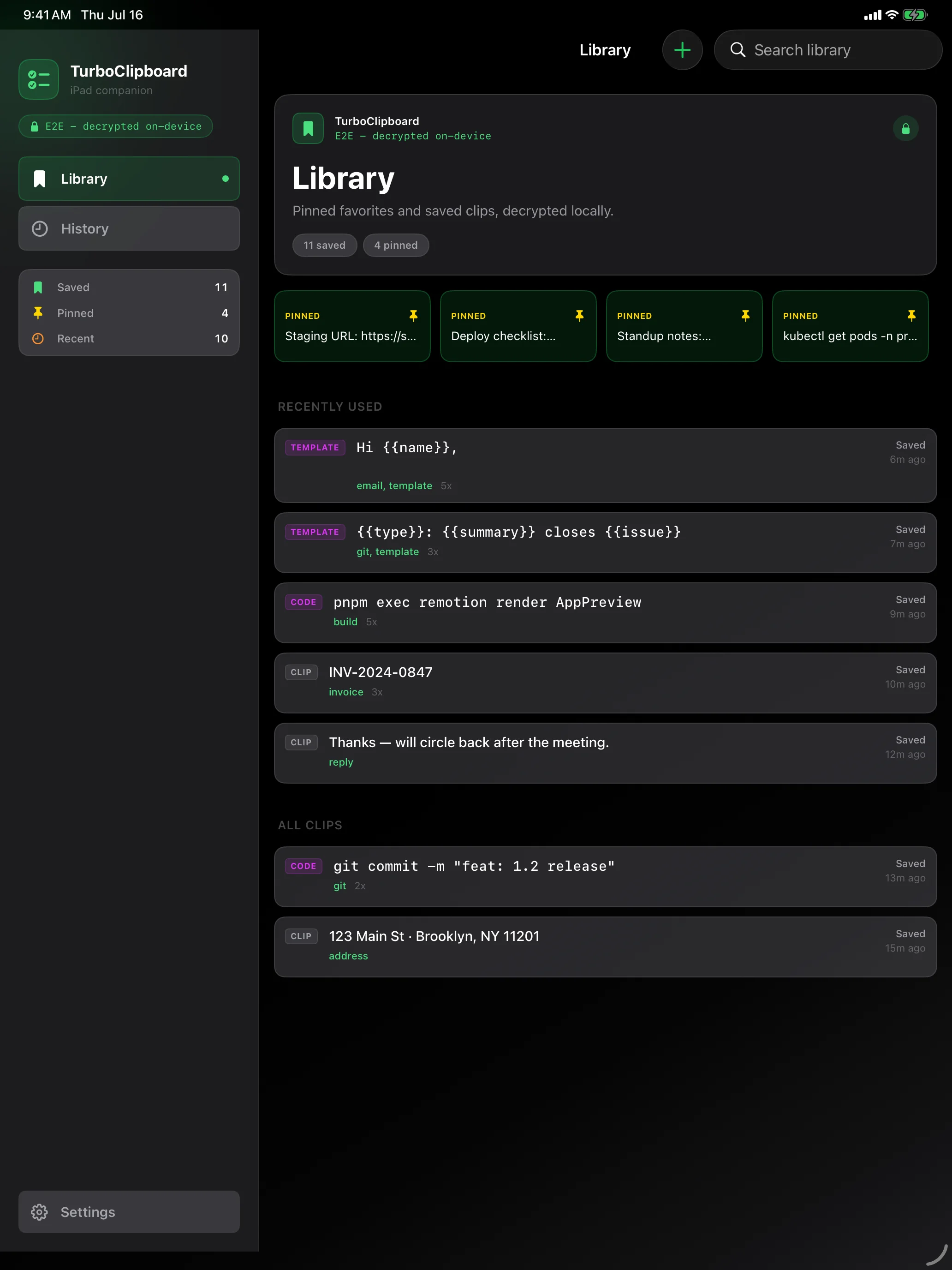 TurboClipboard on iPad with a Library and History sidebar