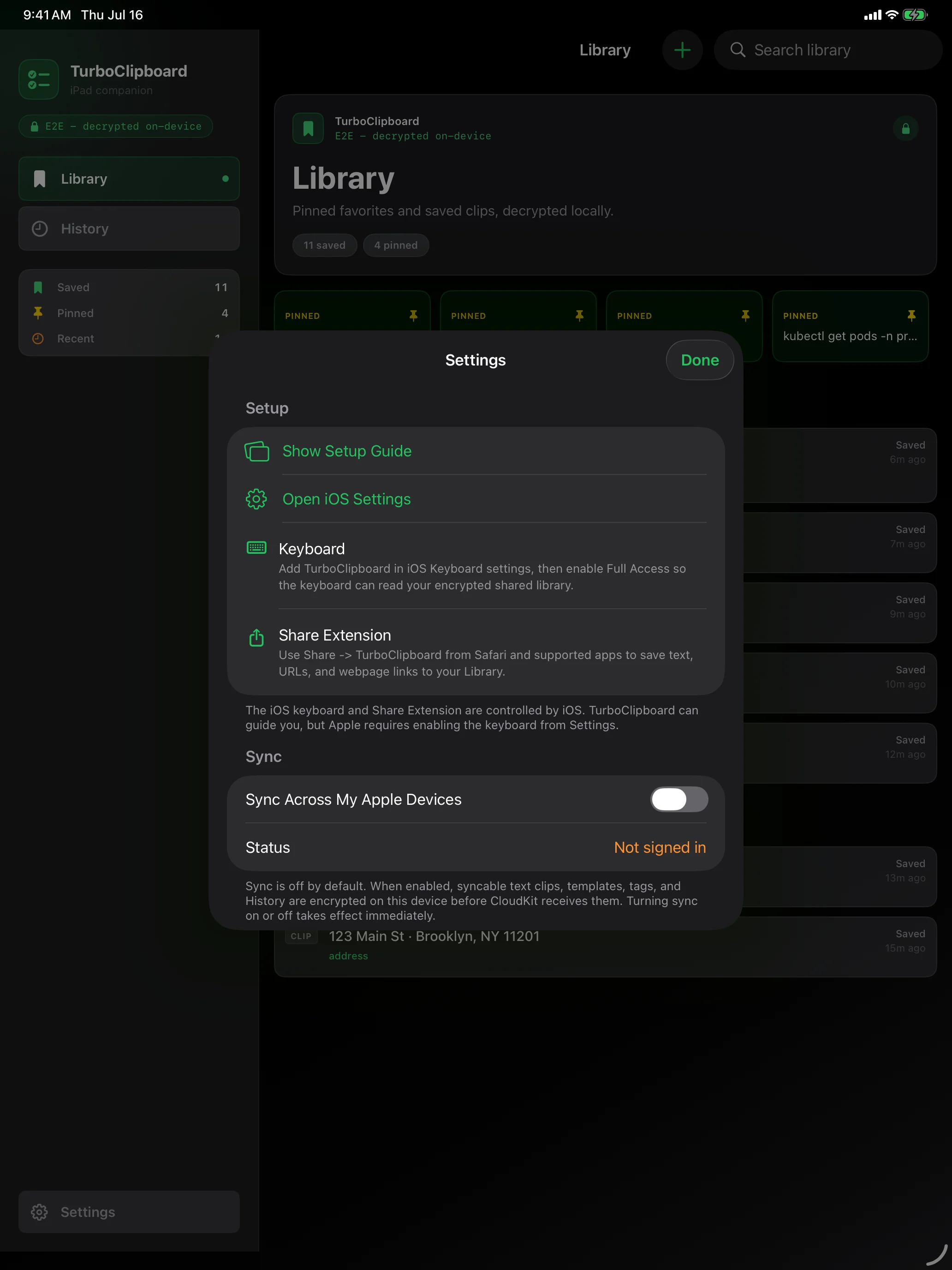 iPad Settings showing the encrypted sync toggle