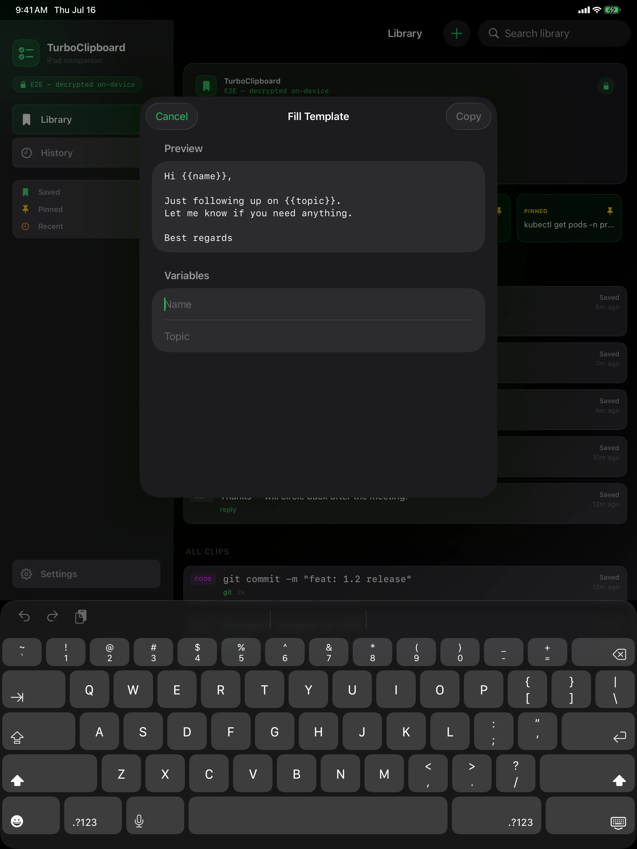 TurboClipboard iPad template fill sheet with live preview