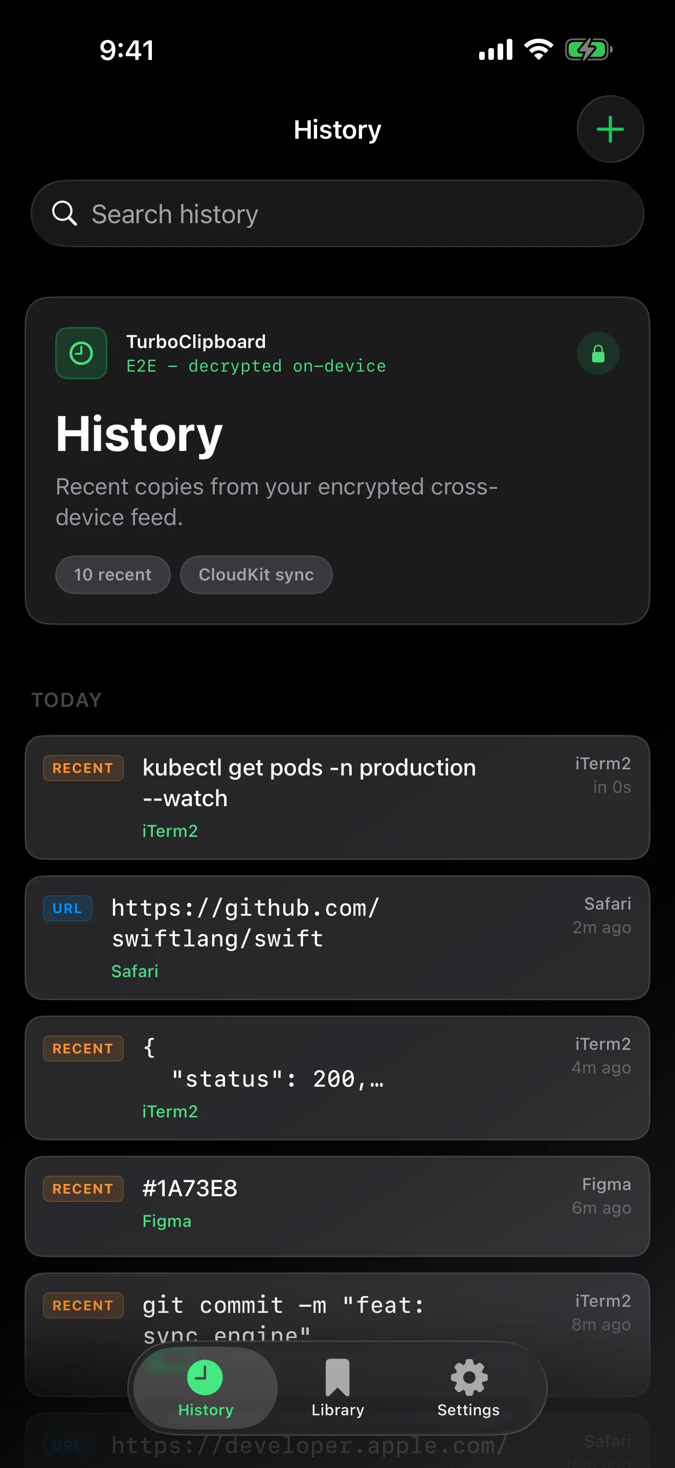 iPhone History with on-device category badges and source apps