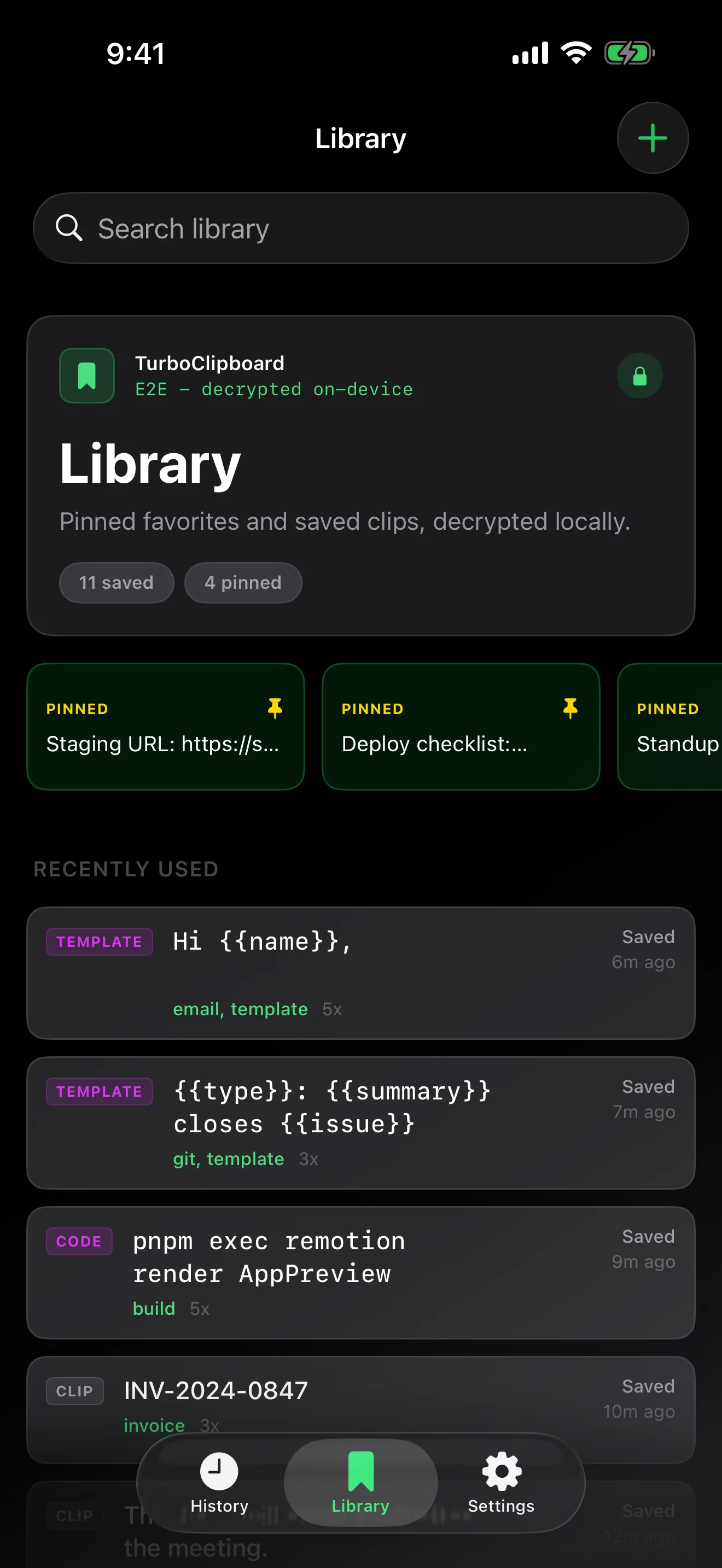 TurboClipboard iPhone Library with pinned clips and recently used rows