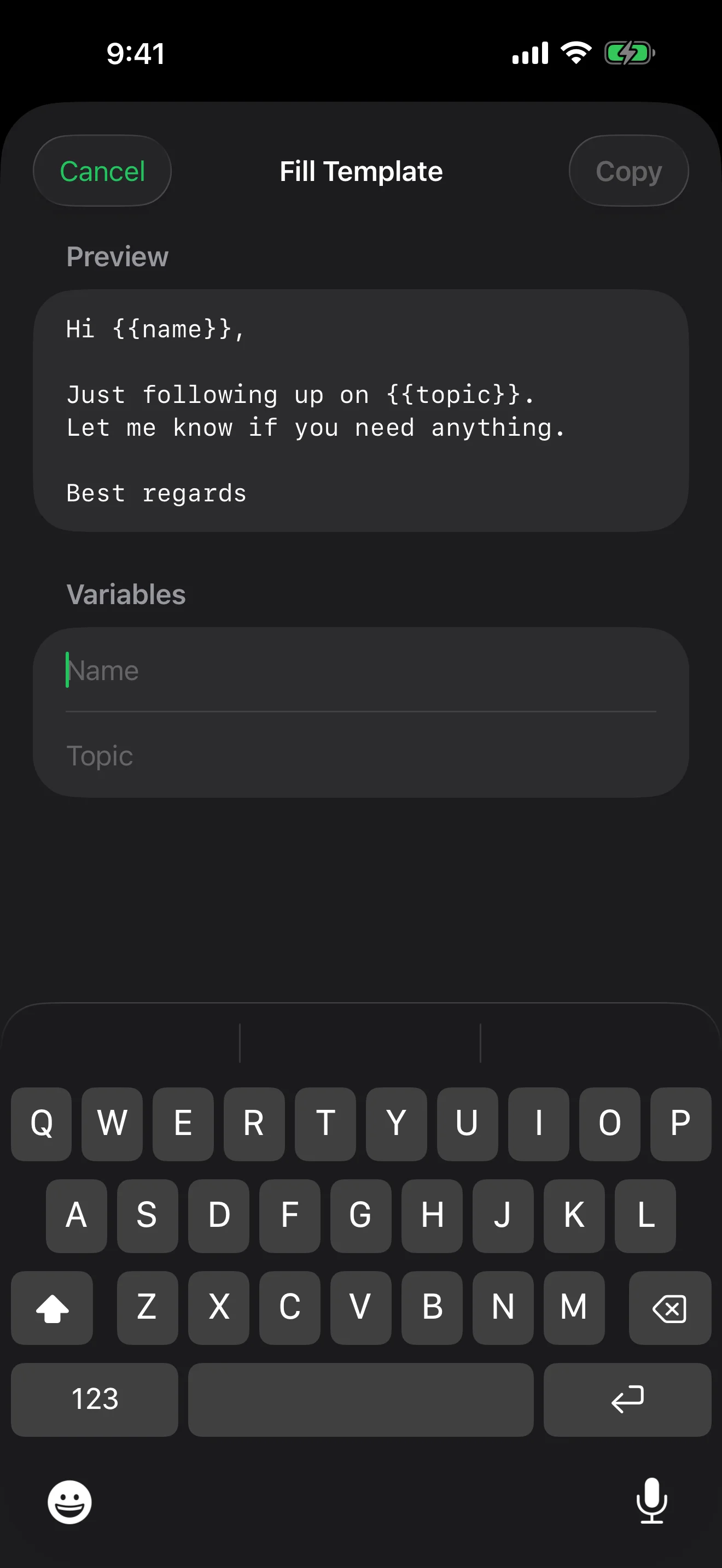 Filling a template on iPhone with a live preview