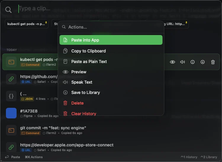 Command-K action panel listing every action for a clip