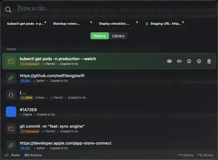 macOS command palette showing clipboard History with category badges and a pinned strip